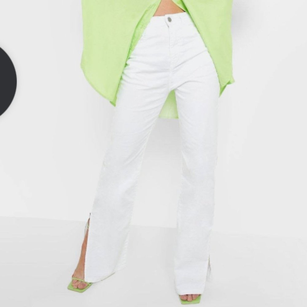 Boohoo Wide Leg Split Hem White Jeans